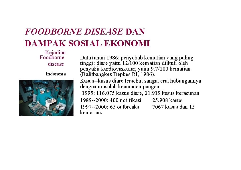 FOODBORNE DISEASE DAN DAMPAK SOSIAL EKONOMI Kejadian Foodborne disease Indonesia Data tahun 1986: penyebab