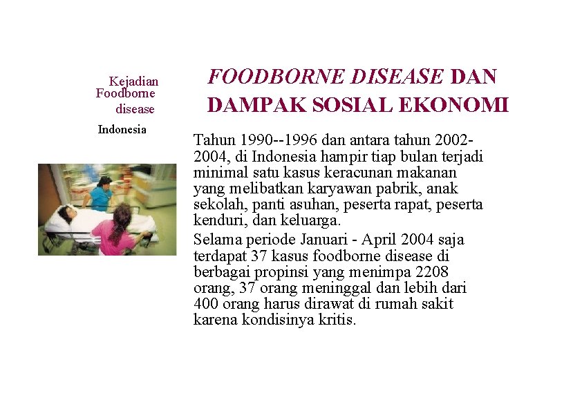 Kejadian Foodborne disease Indonesia FOODBORNE DISEASE DAN DAMPAK SOSIAL EKONOMI Tahun 1990 --1996 dan