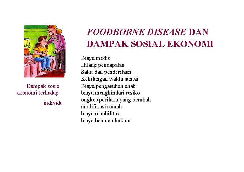 FOODBORNE DISEASE DAN DAMPAK SOSIAL EKONOMI Dampak sosio ekonomi terhadap individu Biaya medis Hilang