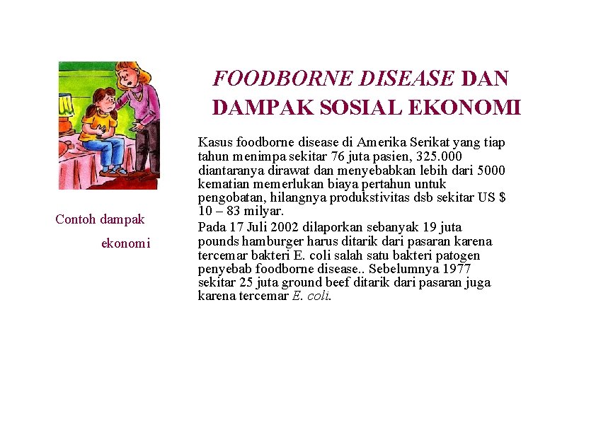 FOODBORNE DISEASE DAN DAMPAK SOSIAL EKONOMI Contoh dampak ekonomi Kasus foodborne disease di Amerika