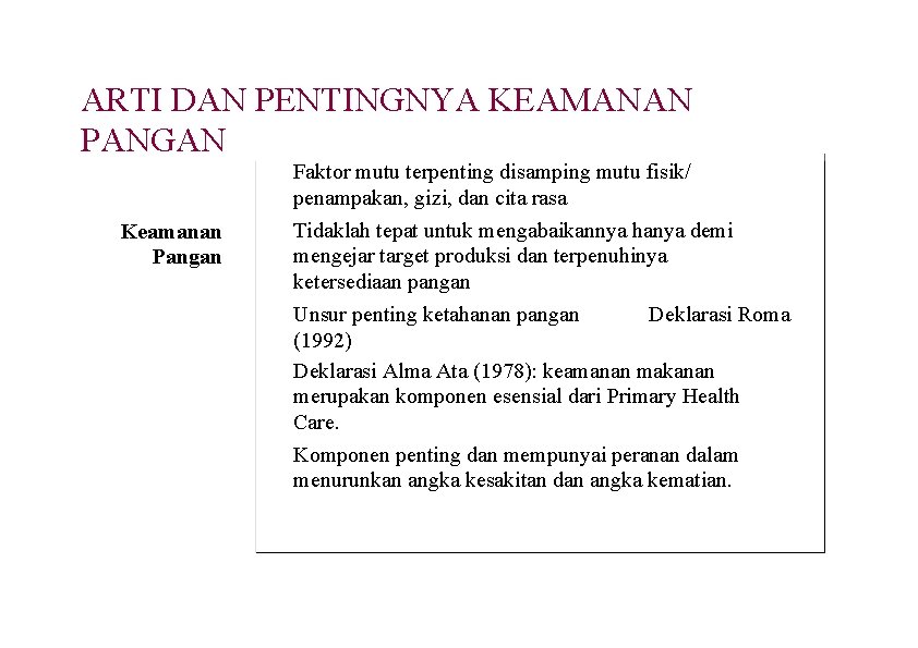 ARTI DAN PENTINGNYA KEAMANAN PANGAN Keamanan Pangan Faktor mutu terpenting disamping mutu fisik/ penampakan,