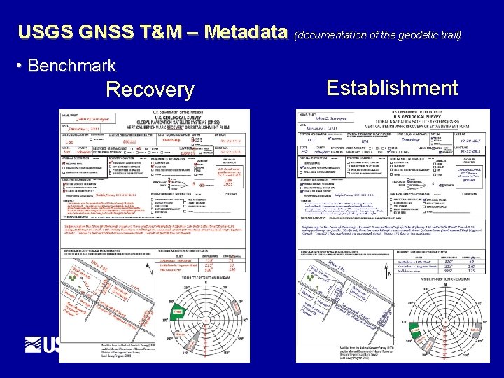 USGS GNSS T&M – Metadata (documentation of the geodetic trail) • Benchmark Recovery Establishment