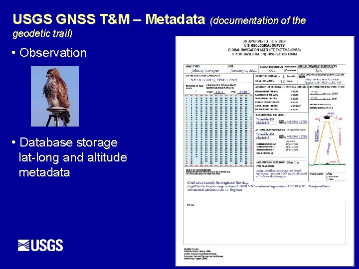 USGS GNSS T&M – Metadata (documentation of the geodetic trail) • Observation • Database