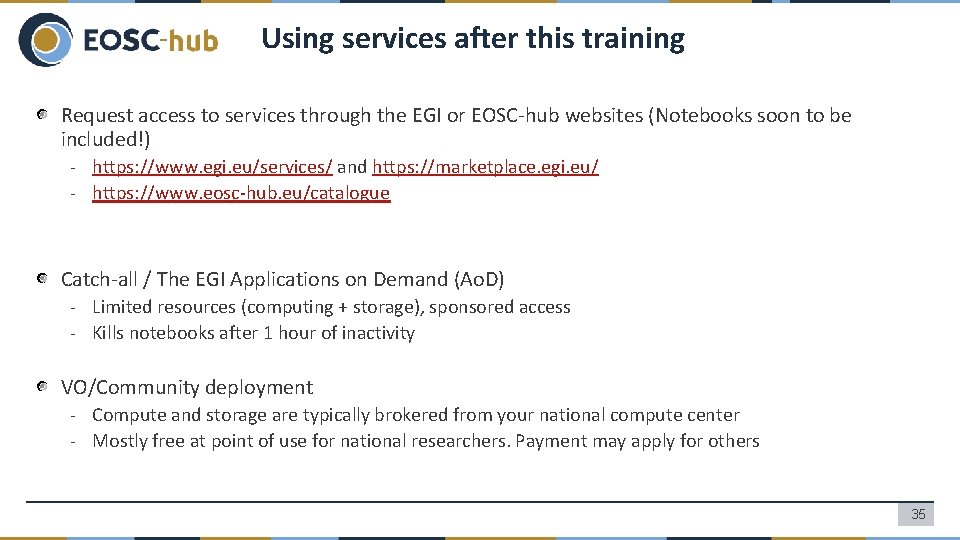 Using services after this training Request access to services through the EGI or EOSC-hub