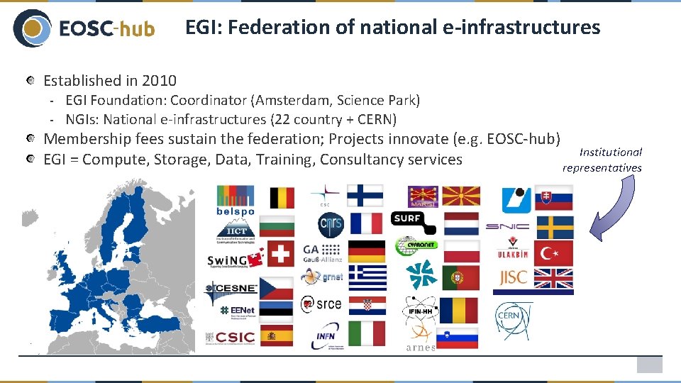 EGI: Federation of national e-infrastructures Established in 2010 - EGI Foundation: Coordinator (Amsterdam, Science