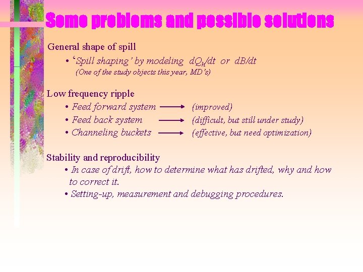 Some problems and possible solutions General shape of spill • ‘Spill shaping’ by modeling