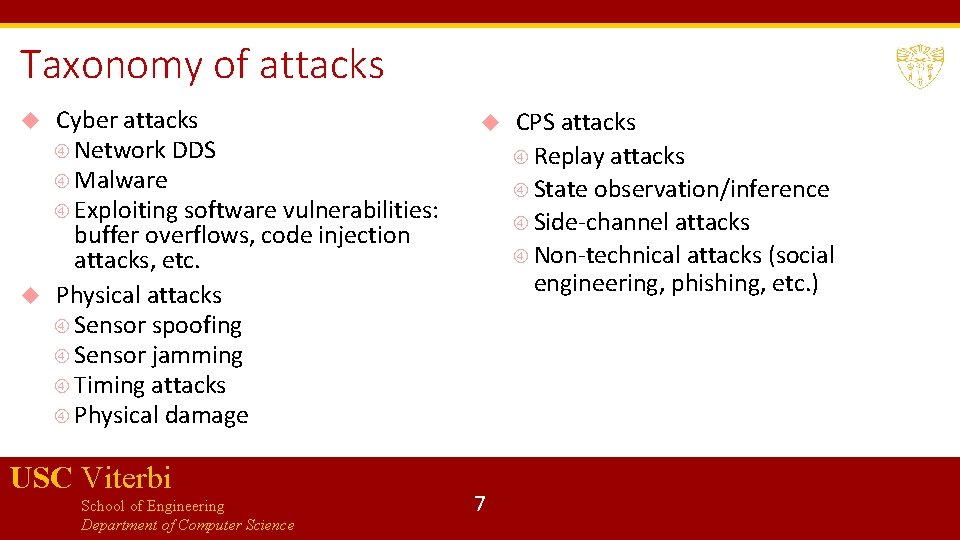 Taxonomy of attacks Cyber attacks Network DDS Malware Exploiting software vulnerabilities: buffer overflows, code
