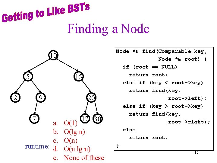 Finding a Node 10 5 15 2 9 7 a. b. c. runtime: d.