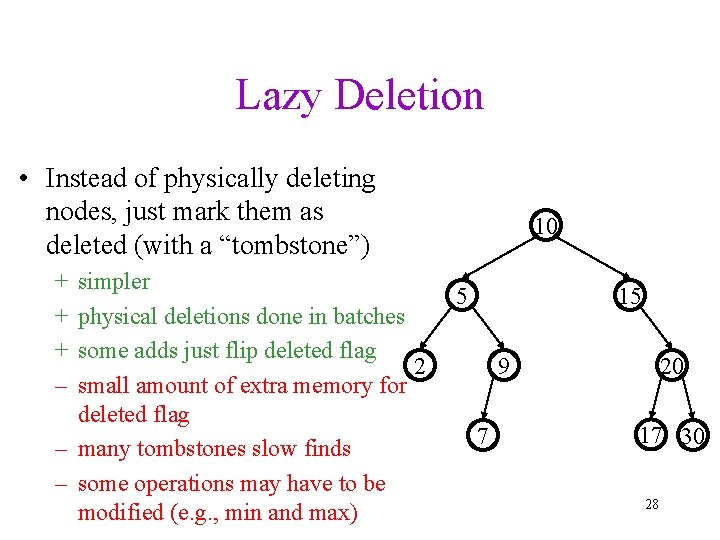 Lazy Deletion • Instead of physically deleting nodes, just mark them as deleted (with