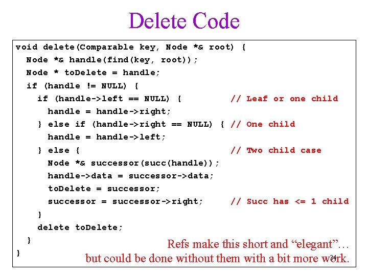 Delete Code void delete(Comparable key, Node *& root) { Node *& handle(find(key, root)); Node