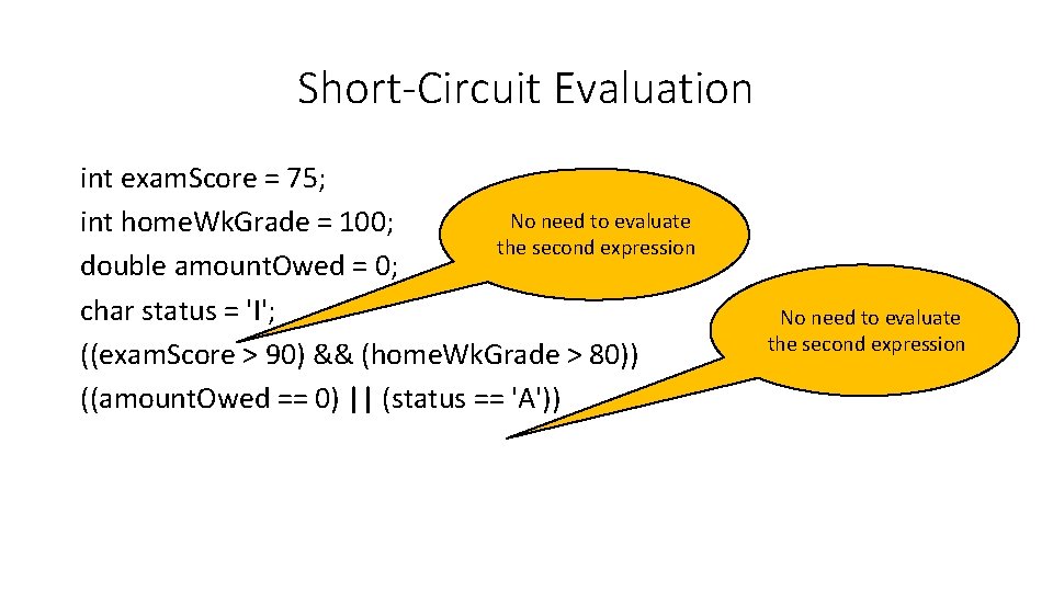 Short-Circuit Evaluation int exam. Score = 75; No need to evaluate int home. Wk.