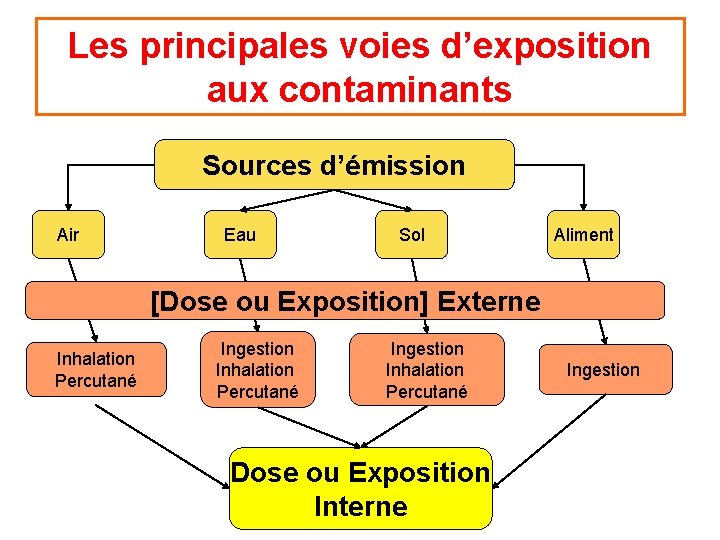 Les principales voies d’exposition aux contaminants Sources d’émission Air Eau Sol Aliment [Dose ou