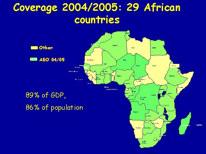Coverage 2004/2005: 29 African countries Tunisia Morocco Other Algeria Libya AEO 04/05 Mauritania Egypt