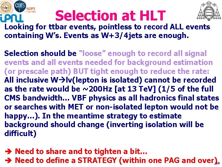 Selection at HLT Looking for ttbar events, pointless to record ALL events containing W’s.