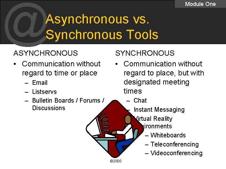 @ Module One Asynchronous vs. Synchronous Tools ASYNCHRONOUS • Communication without regard to time