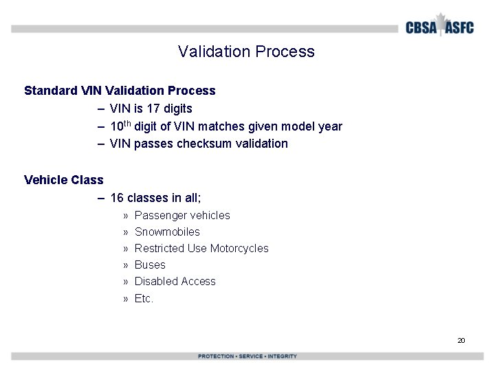 Validation Process Standard VIN Validation Process – VIN is 17 digits – 10 th