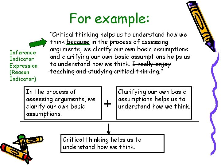 For example: Inference Indicator Expression (Reason Indicator) “Critical thinking helps us to understand how