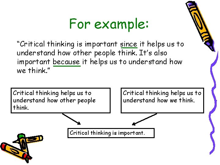 For example: “Critical thinking is important since it helps us to understand how other