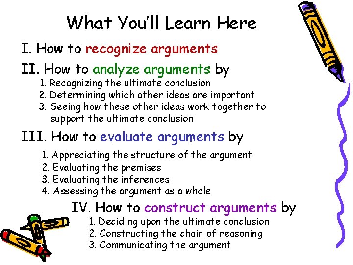 What You’ll Learn Here I. How to recognize arguments II. How to analyze arguments