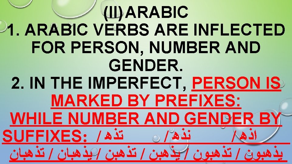 (II) ARABIC 1. ARABIC VERBS ARE INFLECTED FOR PERSON, NUMBER AND GENDER. 2. IN