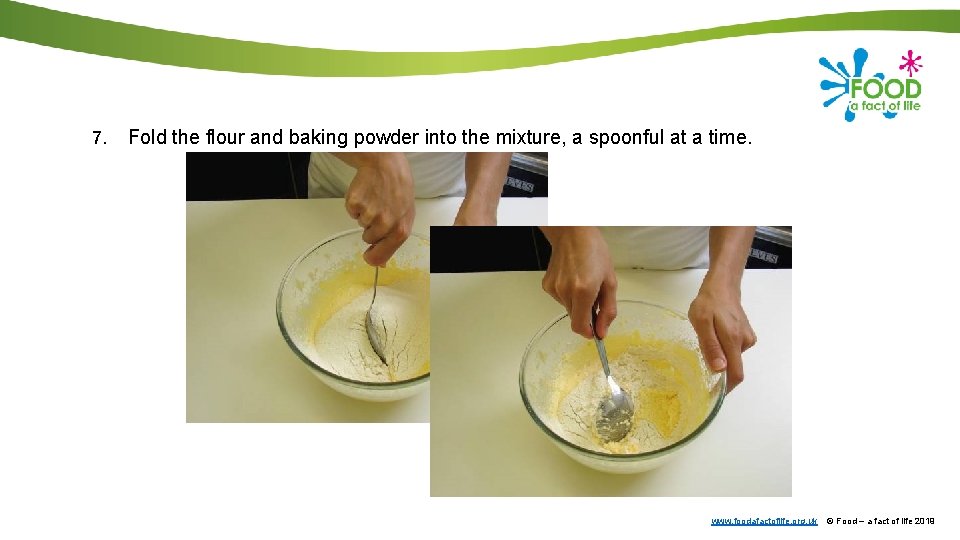 7. Fold the flour and baking powder into the mixture, a spoonful at a