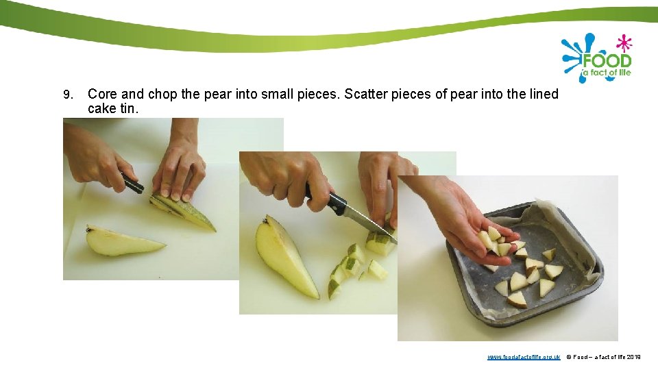 9. Core and chop the pear into small pieces. Scatter pieces of pear into