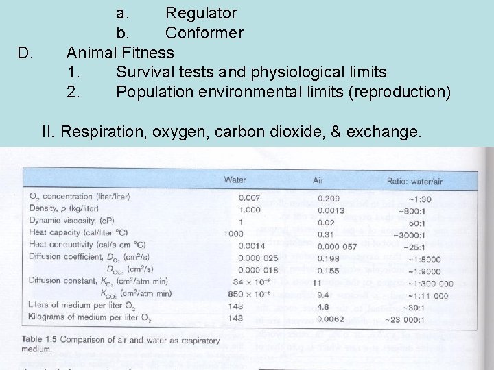 D. a. Regulator b. Conformer Animal Fitness 1. Survival tests and physiological limits 2.