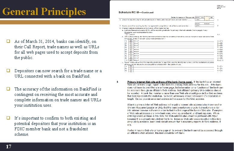 General Principles q As of March 31, 2014, banks can identify, on their Call