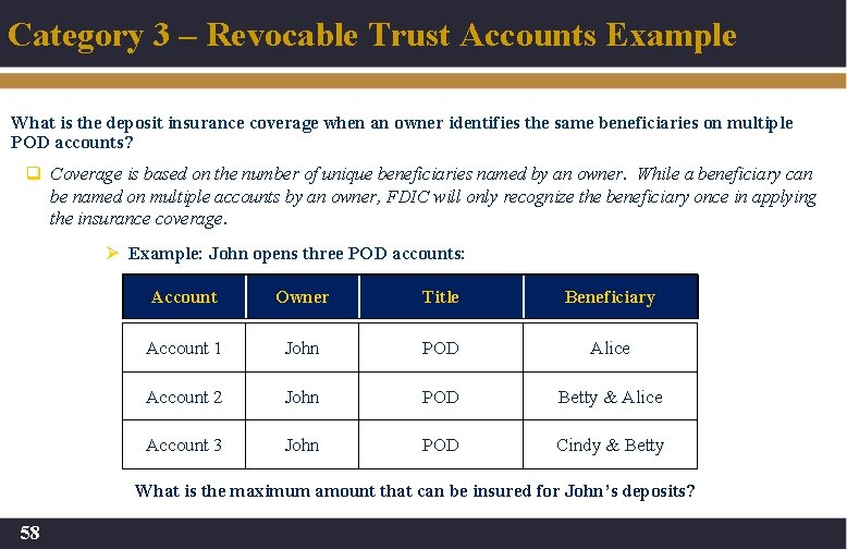Category 3 – Revocable Trust Accounts Example What is the deposit insurance coverage when