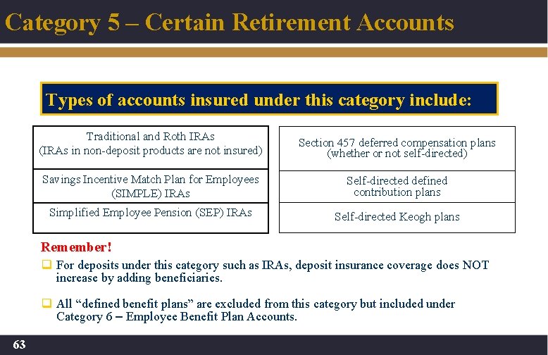 Category 5 – Certain Retirement Accounts Types of accounts insured under this category include: