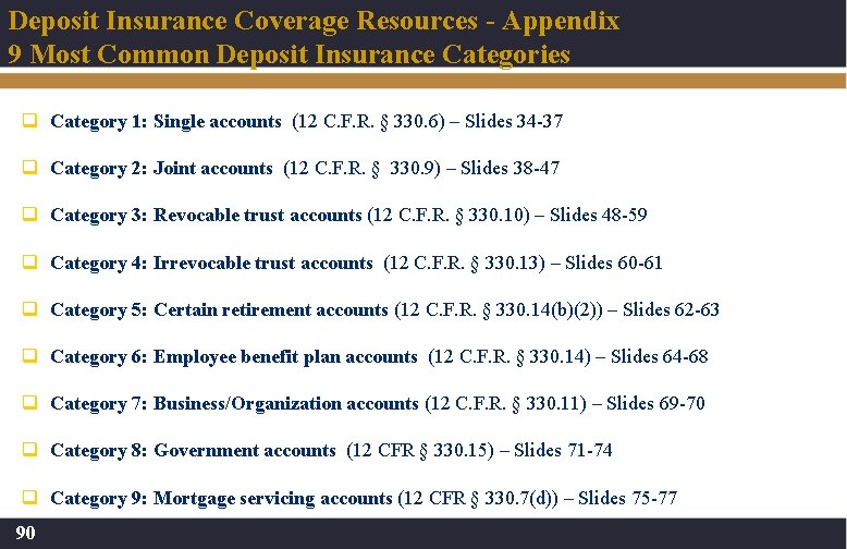 Deposit Insurance Coverage Resources - Appendix 9 Most Common Deposit Insurance Categories q Category