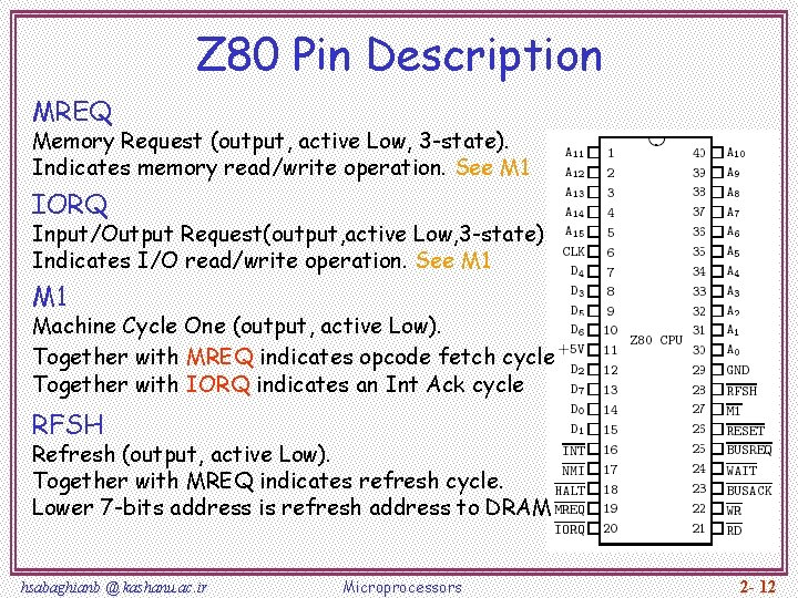 Z 80 Pin Description MREQ Memory Request (output, active Low, 3 -state). Indicates memory
