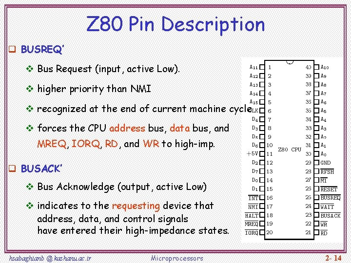 Z 80 Pin Description q BUSREQ’ v Bus Request (input, active Low). v higher