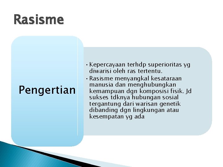 Rasisme Pengertian • Kepercayaan terhdp superioritas yg diwarisi oleh ras tertentu. • Rasisme menyangkal