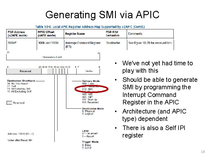 Generating SMI via APIC • We've not yet had time to play with this