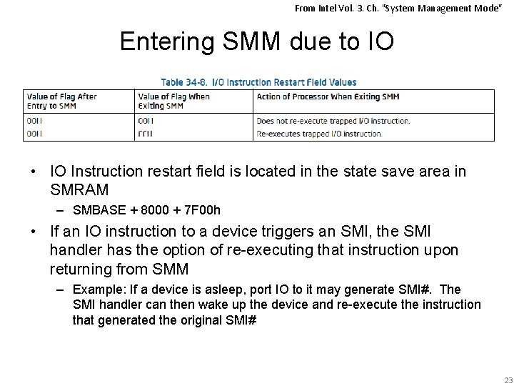 From Intel Vol. 3. Ch. "System Management Mode" Entering SMM due to IO •