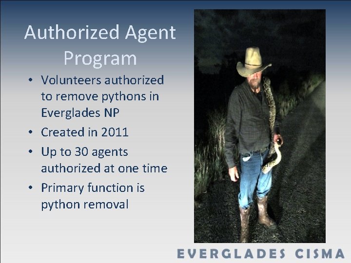 Authorized Agent Program • Volunteers authorized to remove pythons in Everglades NP • Created