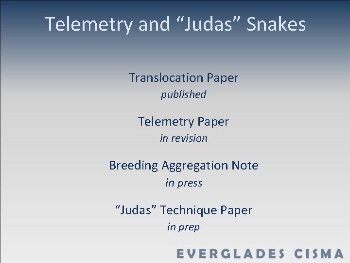 Telemetry and “Judas” Snakes Translocation Paper published Telemetry Paper in revision Breeding Aggregation Note