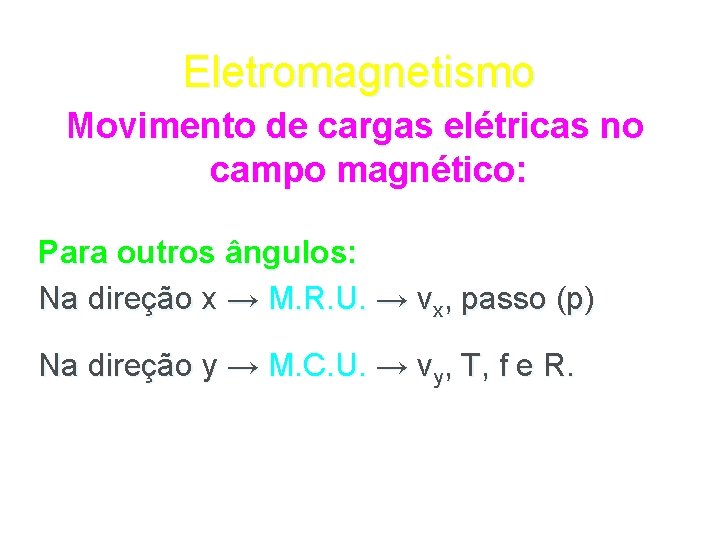 Eletromagnetismo Movimento de cargas elétricas no campo magnético: Para outros ângulos: Na direção x