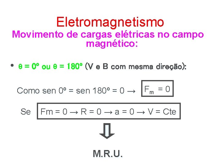 Eletromagnetismo Movimento de cargas elétricas no campo magnético: • θ = 0º ou θ