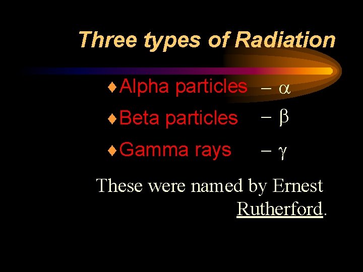 Three types of Radiation ¨Alpha particles - a ¨Beta particles -b ¨Gamma rays -g