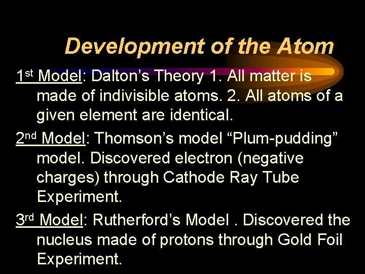 Development of the Atom 1 st Model: Dalton’s Theory 1. All matter is made