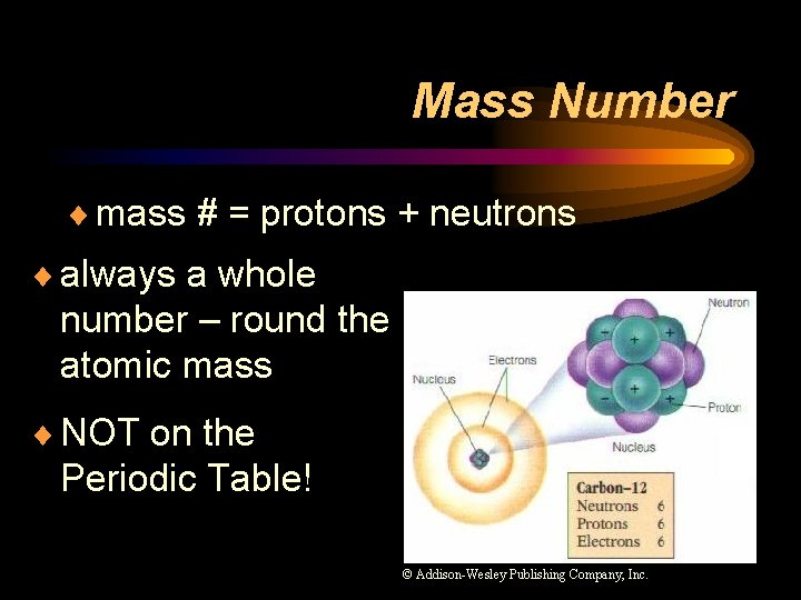 Mass Number ¨ mass # = protons + neutrons ¨ always a whole number