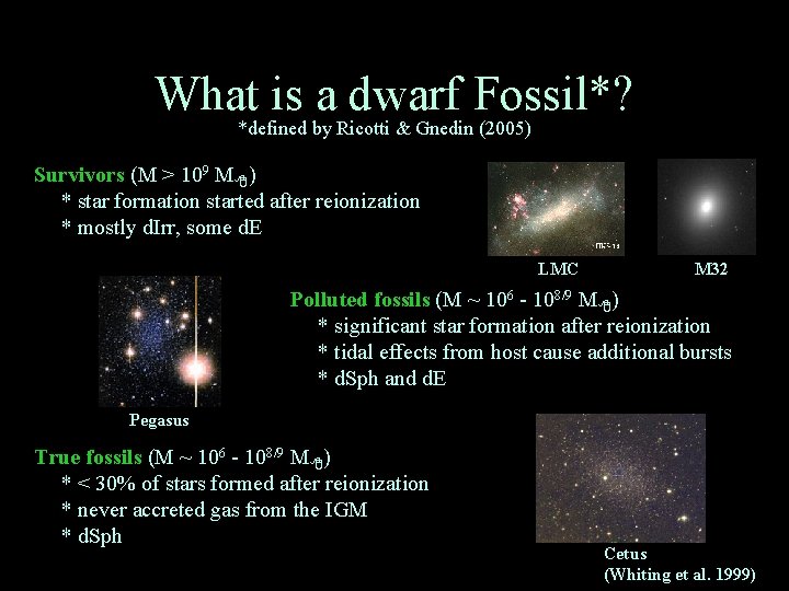 What is a dwarf Fossil*? *defined by Ricotti & Gnedin (2005) Survivors (M >