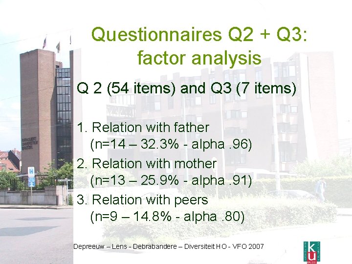 Questionnaires Q 2 + Q 3: factor analysis Q 2 (54 items) and Q