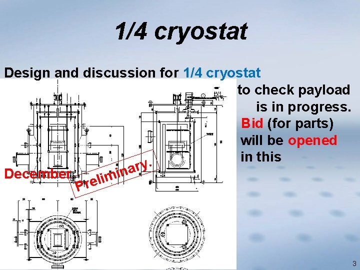 1/4 cryostat Design and discussion for 1/4 cryostat to check payload is in progress.
