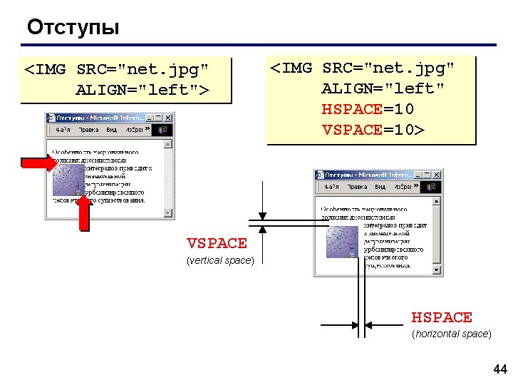 Отступы <IMG SRC="net. jpg" ALIGN="left"> <IMG SRC="net. jpg" ALIGN="left" HSPACE=10 VSPACE=10> VSPACE (vertical space)