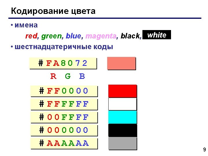 Кодирование цвета • имена red, green, blue, magenta, black, white • шестнадцатеричные коды #