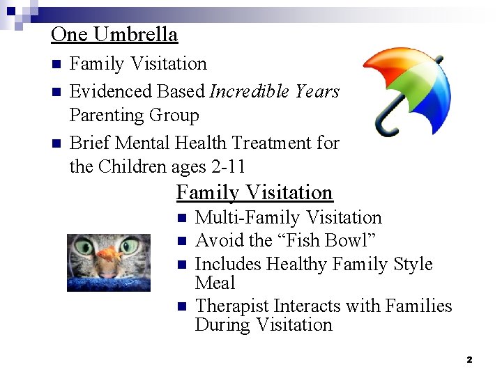 One Umbrella n n n Family Visitation Evidenced Based Incredible Years Parenting Group Brief