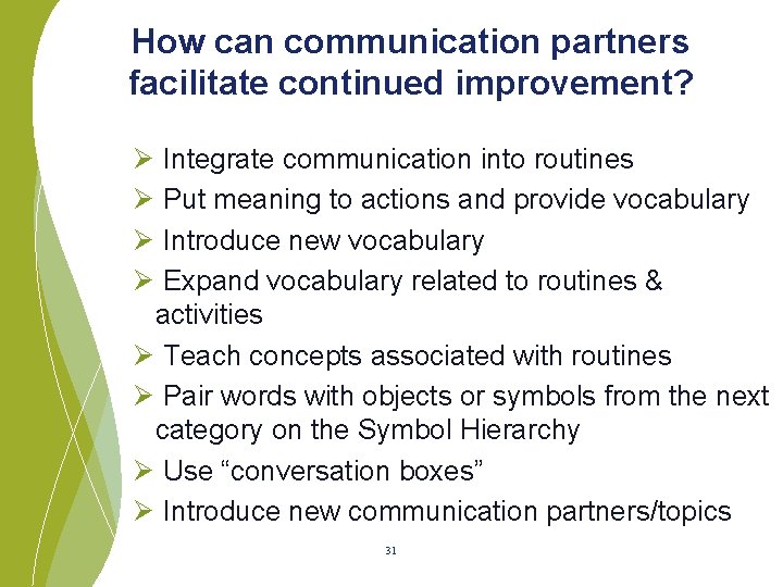 How can communication partners facilitate continued improvement? Ø Integrate communication into routines Ø Put